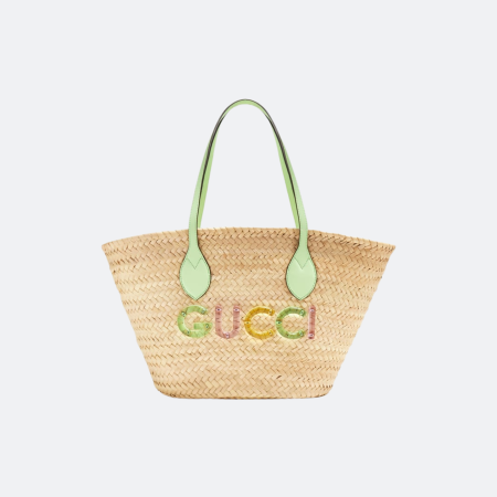Gucci Logo Small Straw Tote Bag