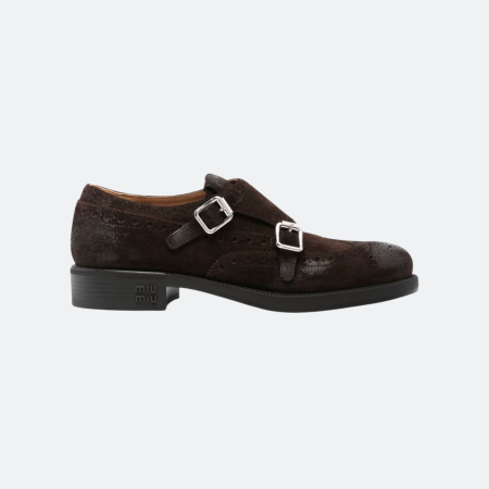 Miu Miu Double-Monk Dark Brown Suede Brogue Shoes
