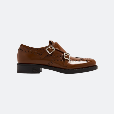 Miu Miu Double Monk Brown Patent Leather Brogue Shoes