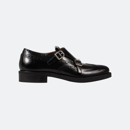 Miu Miu Double Monk Black Patent Leather Brogue Shoes