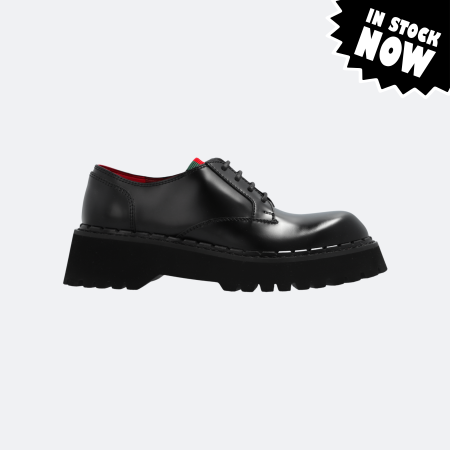 Gucci Women Black Leather Lace Up Shoes with Iconic Brand Web (37- In Stock)