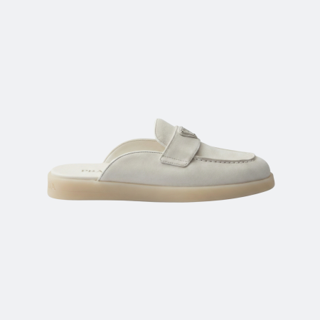 Prada Greyed Beige Suede Mule Loafers with Enamel Triangle Logo