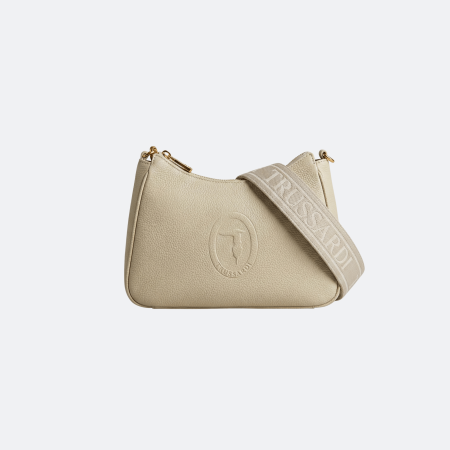 Trussardi Pebbled Leather Logo Crossbody Bag in Beige