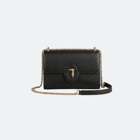 Trussardi Small Oval Logo Leather Shoulder Bag in Black