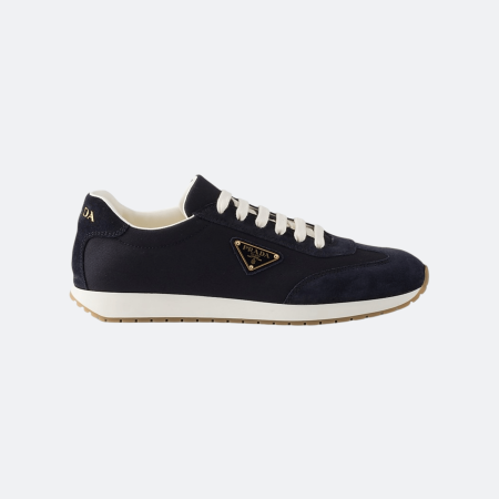 Prada Nylon & Suede Navy Blue Low-Top Sneakers with Enamel Triangle Logo for Men