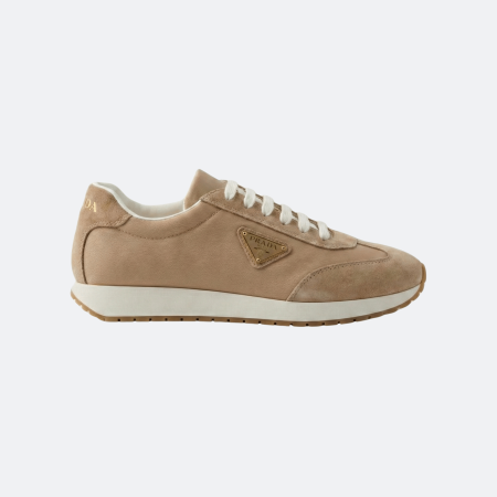 Prada Nylon & Suede Beige Low-Top Sneakers with Enamel Triangle Logo for Men