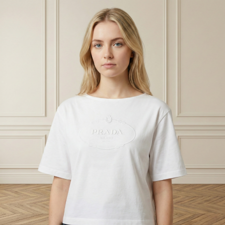 Prada Milano Embossed Logo Cropped Cotton T-Shirt – White