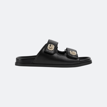 Gucci Crystal Double G Leather Slide Sandals - Black