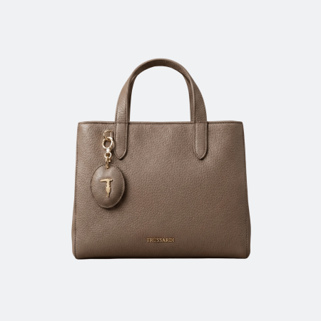 Trussardi Leather Top-Handle Tote Bag with Logo Charm - Taupe