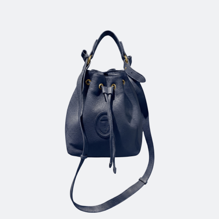 Trussardi Logo Leather Drawstring Bucket Bag - Navy Blue