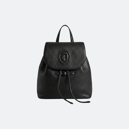 Trussardi Leather Drawstring Backpack with Embossed Logo - Black