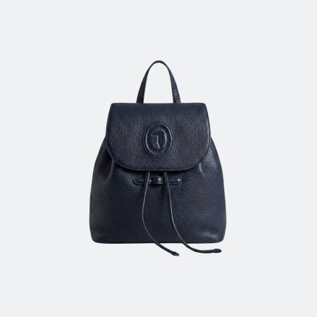 Trussardi Leather Drawstring Backpack with Embossed Logo - Navy Blue