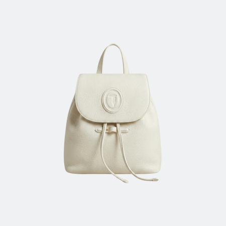 Trussardi Leather Drawstring Backpack with Embossed Logo - Ivory White
