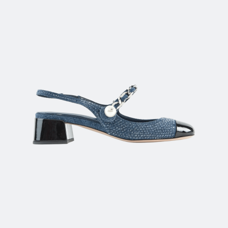 Miu Miu Blue Denim Embellished Denim Slingback Pumps Chain & Pearl Detail