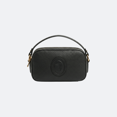 Trussardi Leather Camera Shoulder Bag with Embossed Logo - Black