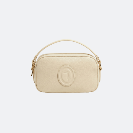 Trussardi Leather Camera Shoulder Bag with Embossed Logo - Cream