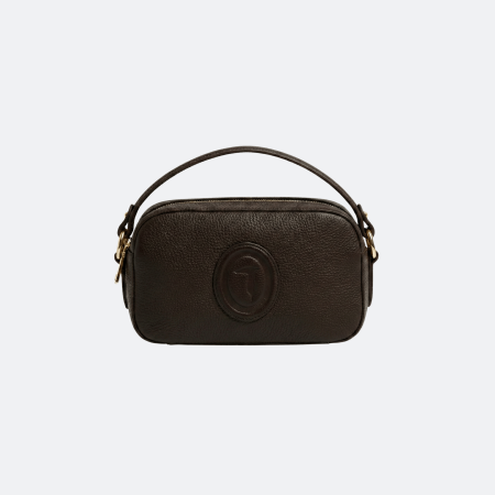 Trussardi Leather Camera Shoulder Bag with Embossed Logo - Dark Brown