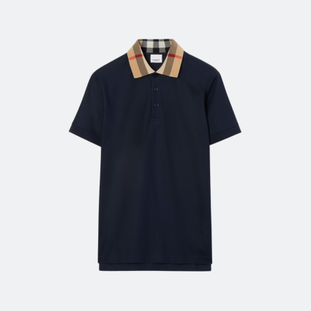 Burberry Icon Check Collar Cotton Piqué Polo Shirt - Navy