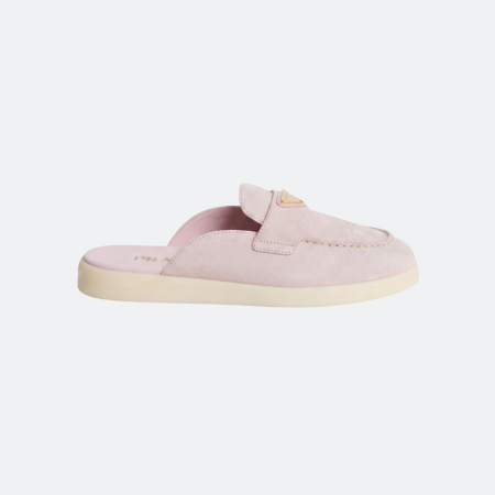 Prada Pink Suede Mule Loafers with Enamel Triangle Logo
