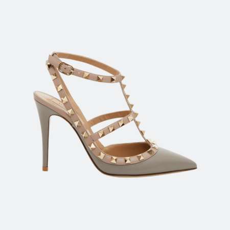 Valentino Rockstud Ankle Strap Leather Pumps - Taupe