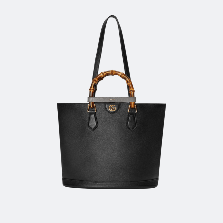 Gucci Diana Medium Leather Tote Bag with Bamboo Handles - Black