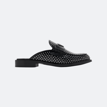 Prada Studded Leather Mules with Triangle Logo – Black