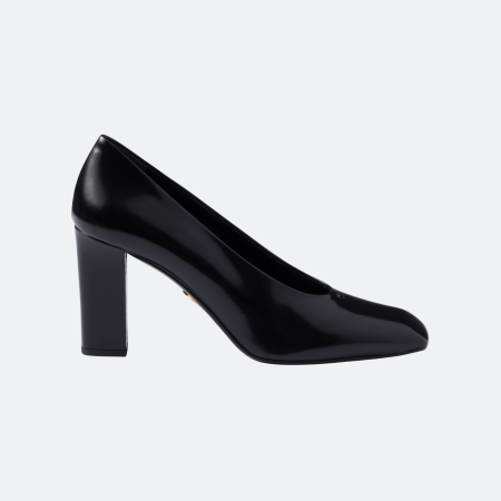 Prada Block Heel Polished Leather Pumps