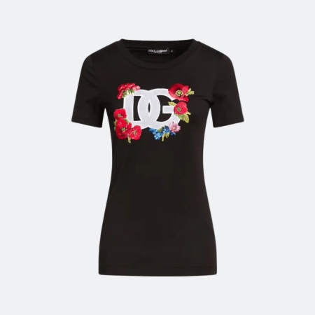 Dolce & Gabbana Floral‑Embroidered Cotton T‑Shirt - Black