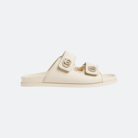 Gucci Crystal GG Logo Embellished Leather Slide Sandal - White