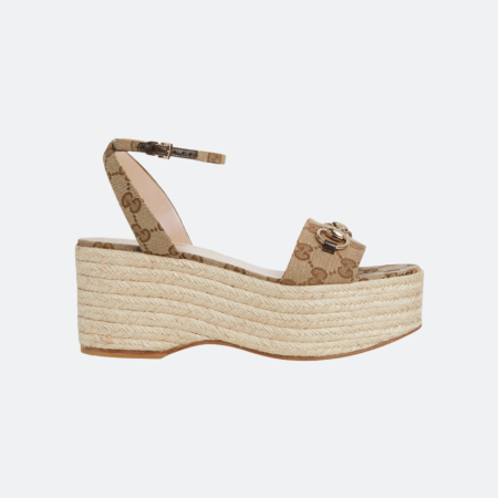 Gucci Horsebit GG Canvas Platform Espadrille Sandal - Beige/Brown