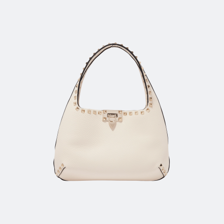 Valentino Garavani Rockstud Small Leather Hobo Bag - White