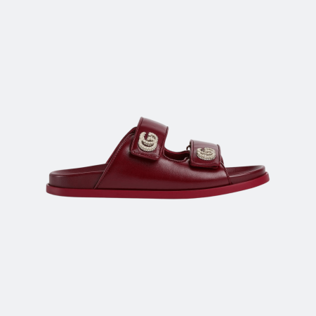 Gucci Crystal Double G Leather Slide Sandals - Burgundy