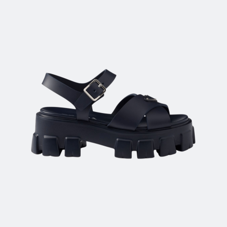 Prada Monolith Brushed Leather Sandals - Navy Blue