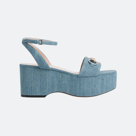 Gucci Lady Denim Platform Wedge Sandals - Blue
