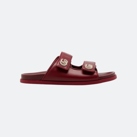 Gucci Crystal GG Logo Embellished Leather Slide Sandal - Burgundy