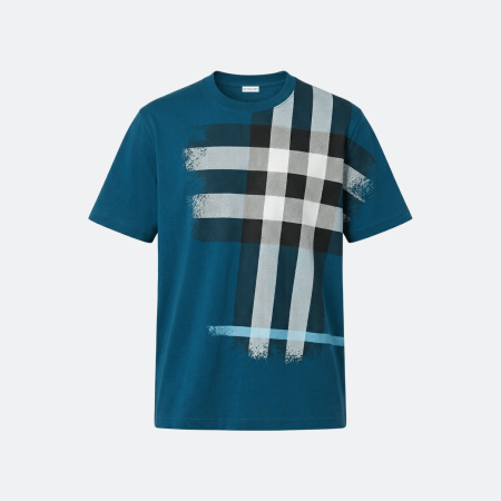 Burberry Check Print Cotton T-Shirt - Teal Blue