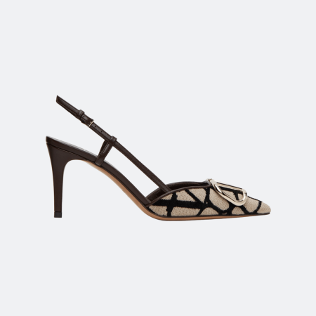 Valentino Garavani VLogo Signature Slingback Pump 80mm – Beige/Black Toile Iconographe