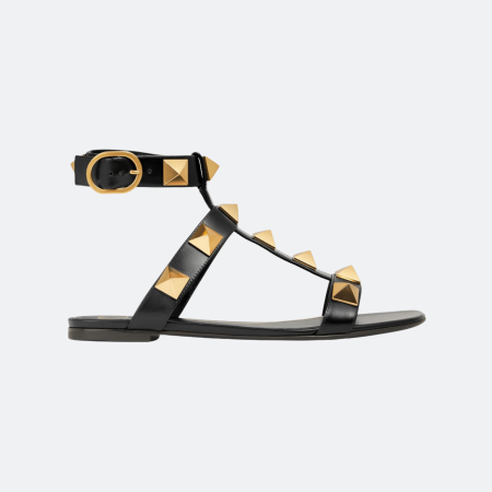 Valentino Garavani Roman Stud Flat Calfskin Sandal – Black