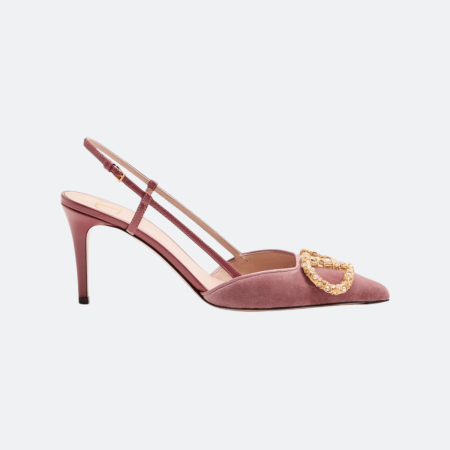 Valentino Garavani Vlogo Signature Slingback Pumps In Velvet With Jewel Logo 80mm – Dusty Rose