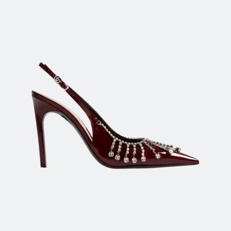 Gucci Crystal Embellished 105 mm Slingback Pumps In Patent Leather – Burgundy