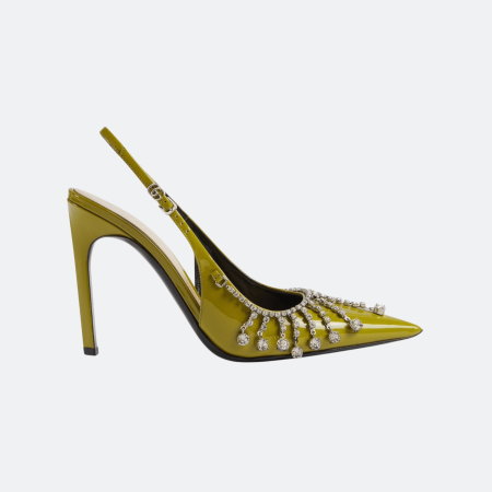 Gucci Crystal Embellished 105 mm Slingback Pumps In Patent Leather – Olive Green