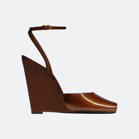 Saint Laurent Patent Leather Wedge Slingback Sandals - Cognac Brown