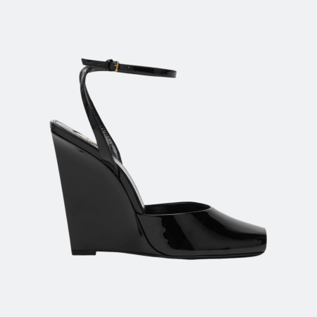 Saint Laurent La Scandale Patent Leather Wedge Sandals - Black