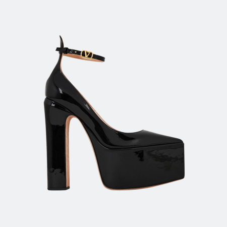 Valentino Garavani VLogo Ankle-Strap Platform Pumps – Black Patent