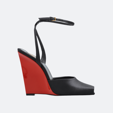 Saint Laurent La Scandale Satin Crepe Wedge Sandals - Black-Red
