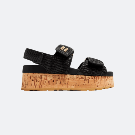 Miu Miu Woven Raffia Cork Platform Sandals - Black