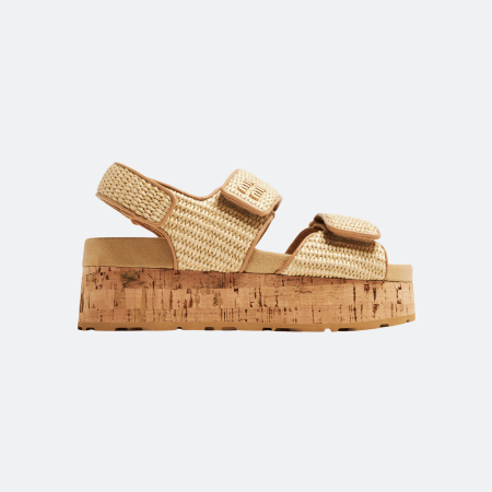Miu Miu Woven Raffia Cork Platform Sandals - Beige