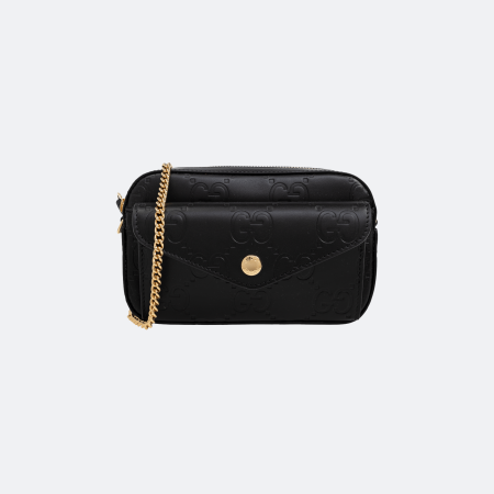 Gucci ‘GG Super Mini’ Shoulder Bag in Embossed Leather - Black