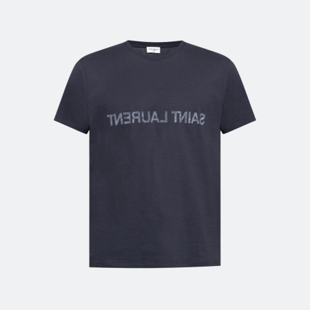 Saint Laurent Reverse Logo Cotton T-Shirt - Navy Blue