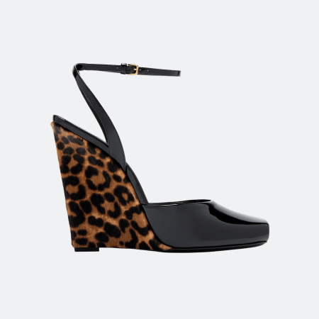 Saint Laurent La Scandale Leopard Wedge Sandals - Black